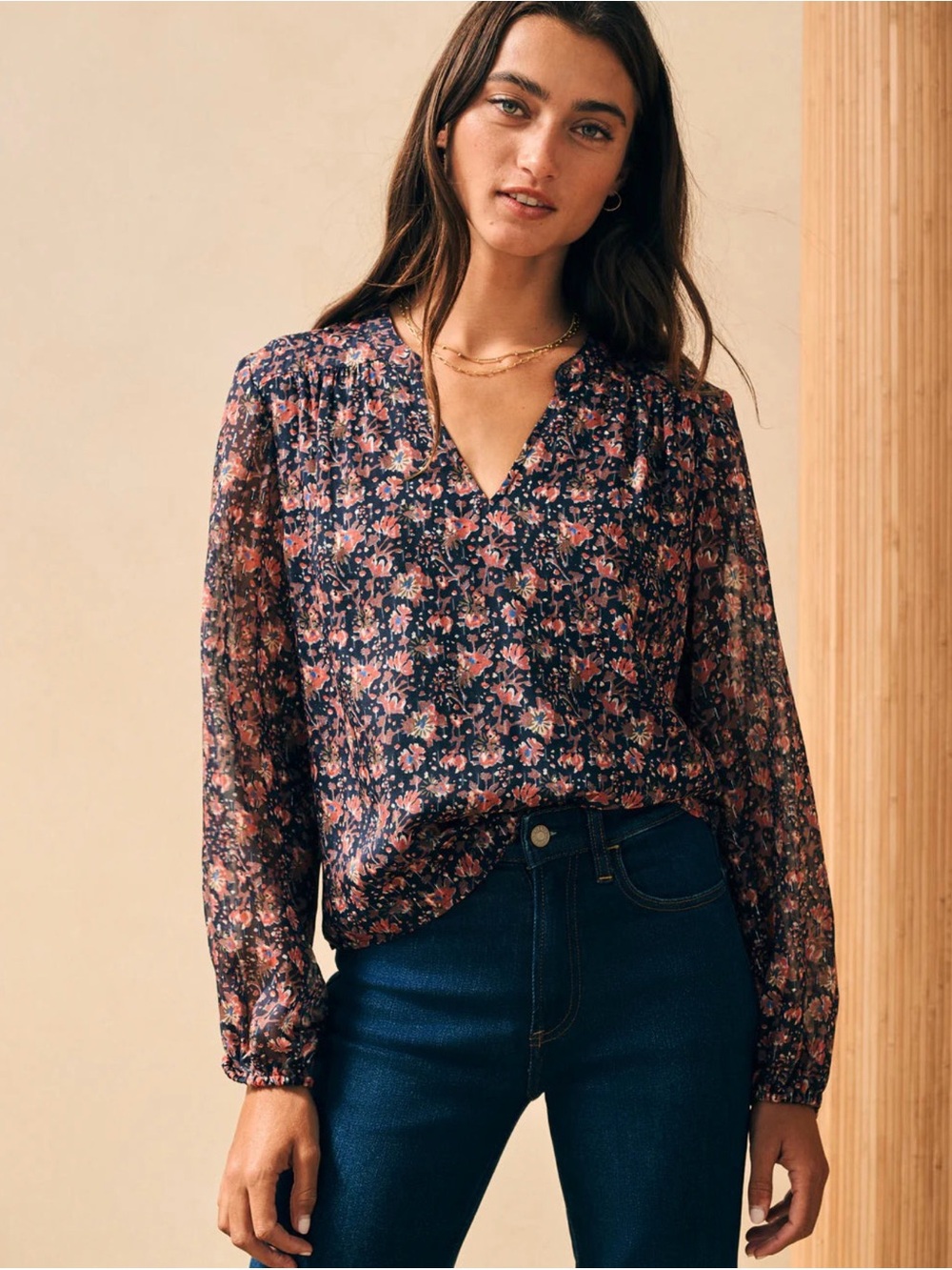 Faherty Silk Cotton Sage Wood Blouse Stargaze Bloom Floral Size M